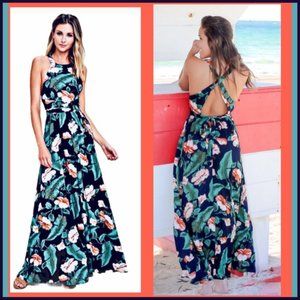 NWT LULU’S TROPICAL ISLAND CRISSCROSS MAXI DRESS M